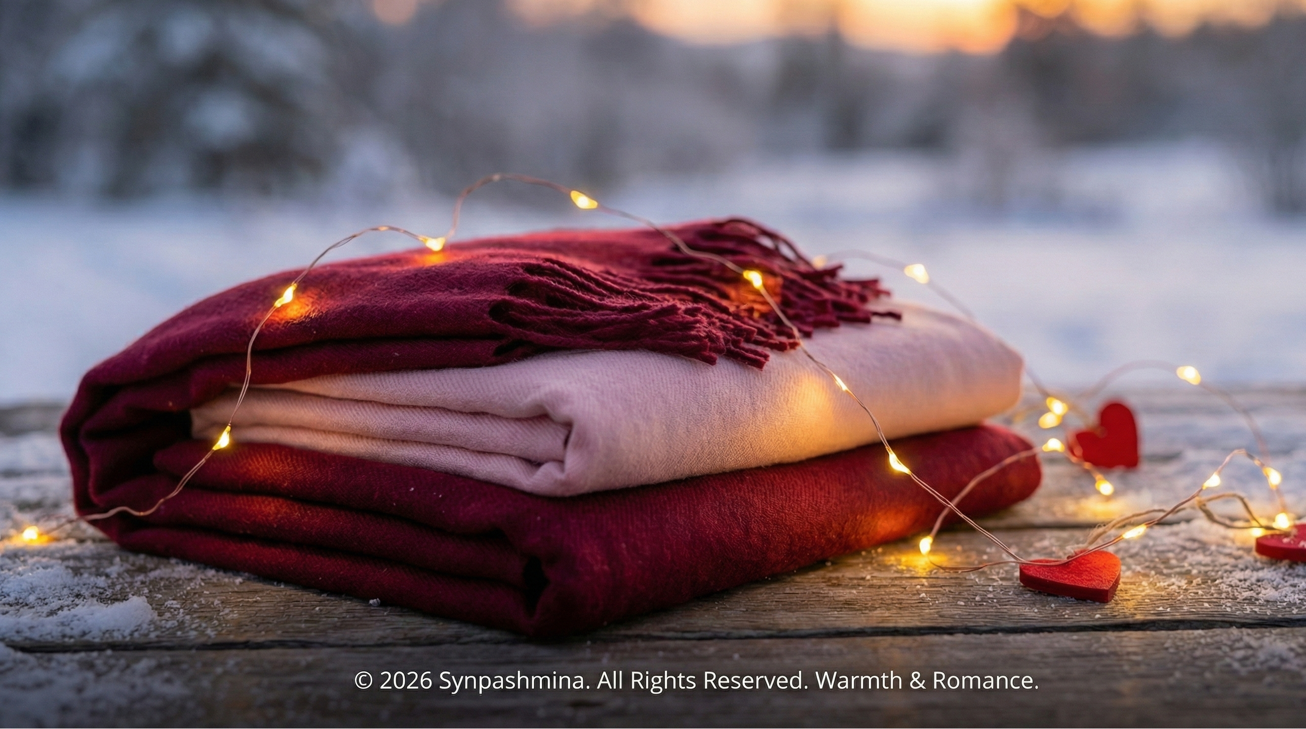 Stack of blankets with fairy lights and heart-shaped decorations on a snowy surface